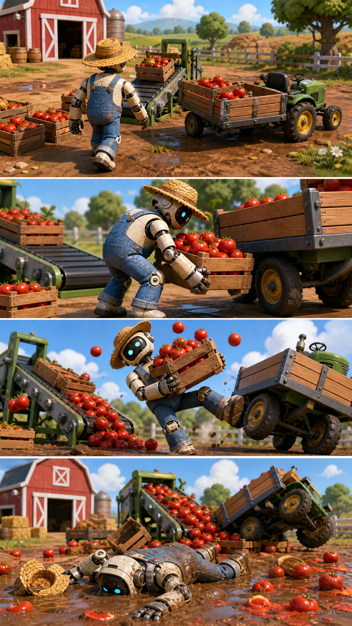 Generated four-panel 3D gameplay storyboard showing a clumsy robot farmer failing a crop-loading task.